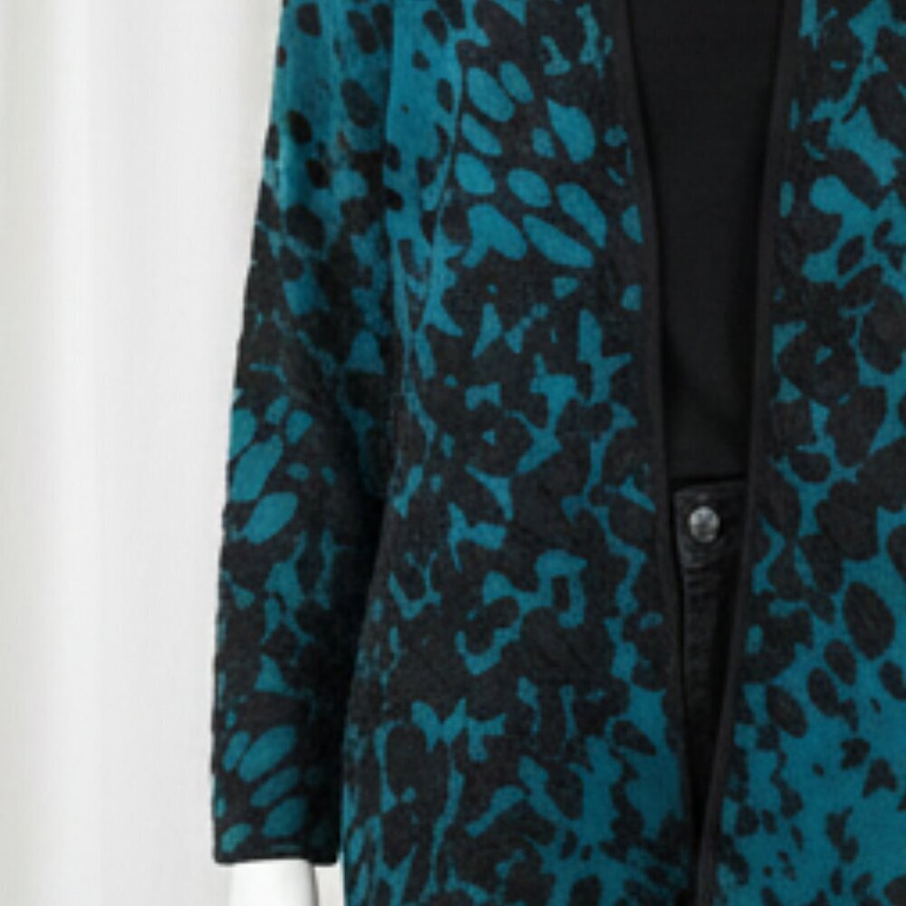 NWOT Chico's Teal & Black Jacquard Open-Front Cardigan Sweater 2 / L - Picture 6 of 14